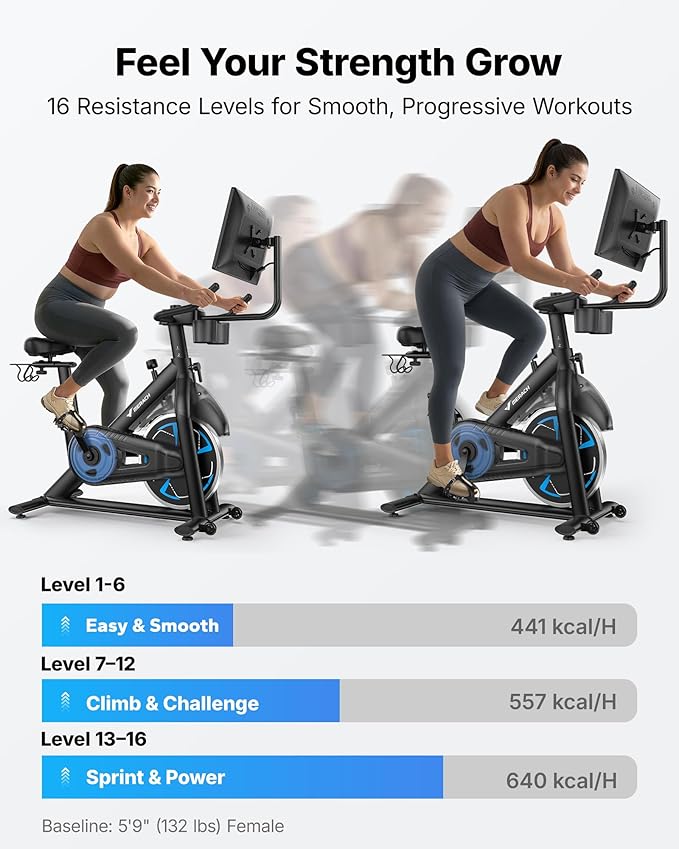 Merach Magnetic Exercise Bike, Low Noise Stationary Bike for Home with Comfortable Seat Cushion, Spinning Bike with 330 lb Weight Capacity, Exclusive App, Tablet Mount and Fitness Courses