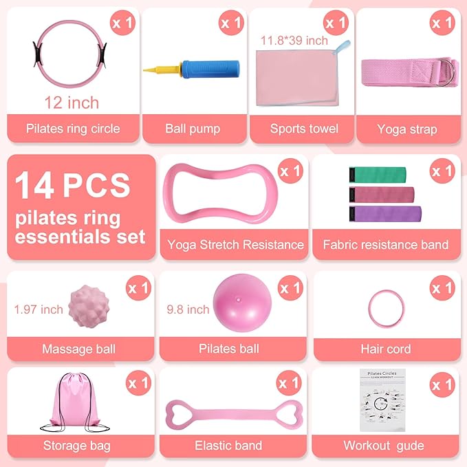 Pilates Ring Set with Resistance Bands– Anti-Slip Magic Circle Pilates Ring for Home Workouts, Full-Body Toning, Strength Training for Women 14PCS