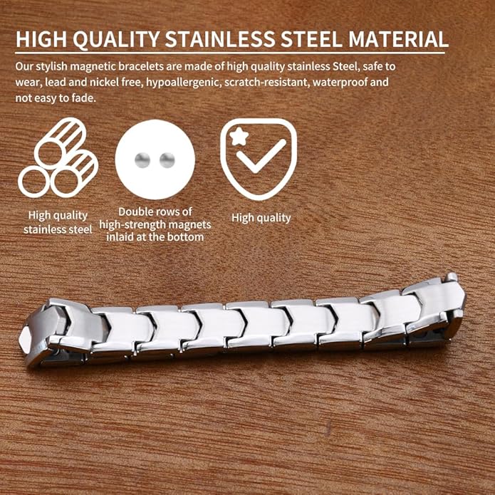 Magnetic Bracelets for Men，Stainless Steel Bracelet Lymphatic Drainage Therapeutic Magnetic Bracelets with Double Row Magnets Jewelry Gift with Adjust Tool
