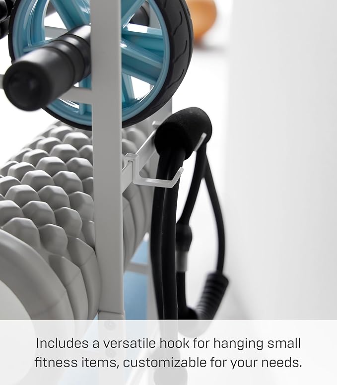 YAMAZAKI Home Tower Steel Storage Rack for Yoga Mats & Foam Rollers - Includes Hooks for Fitness Accessories - Steel