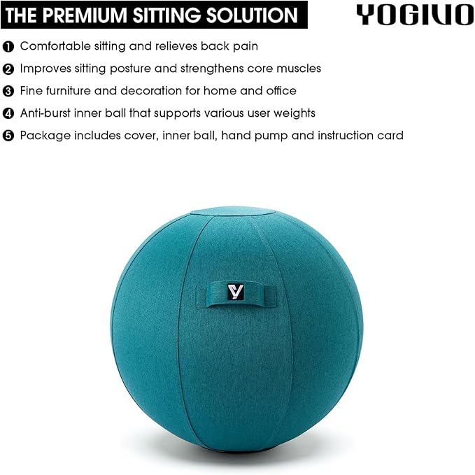 Sitting Ball Chair for Office and Home, Pilates Exercise Yoga Ball with Cover for Balance, Stability and Fitness, Ergonomic Posture Exercise Ball Seat with Handle and Pump