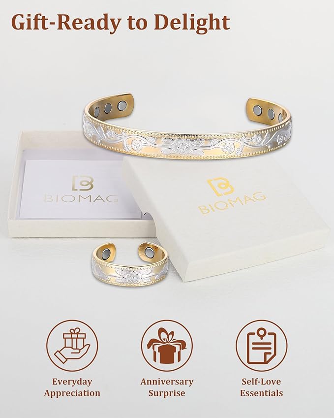 BioMag Copper Bracelet & Ring for Women, 99.99% Pure Copper Magnetic Bracelet Lymphatic Drainage Rings with 3500 Gauss Magnets, Adjustable & Flower Pattern (Gold Base with Silver)