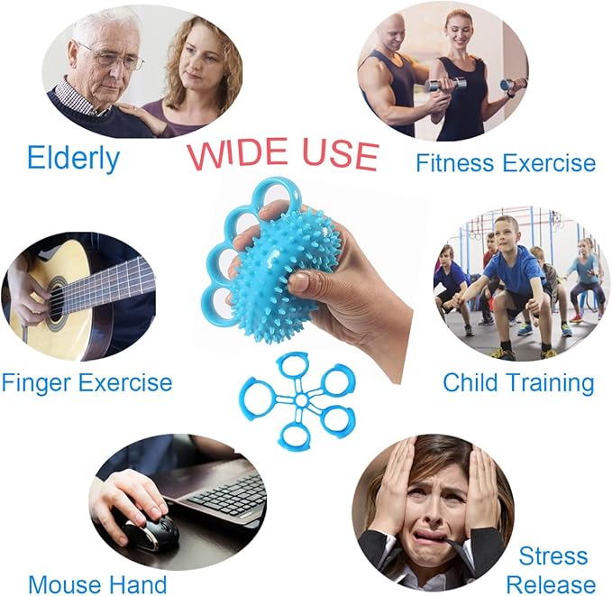 Hand Exerciser Ball and Finger Stretcher, Hand Grip Strengthener Trainer, Squeeze Balls, Wrist Pain Relief (Blue)