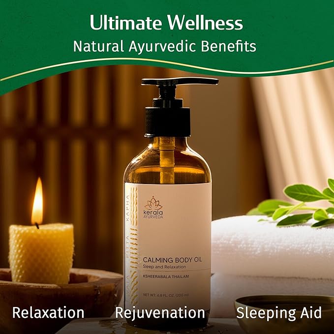 Kerala Ayurveda Calming Body Oil for Relaxation and Sleep (6.8 Fl Oz) | Ksheerabala Thailam | Herbal Foot Massage Oil to Destress & Rejuvenate | Non-Habit Forming | Ayurvedic Recipe for Relaxation