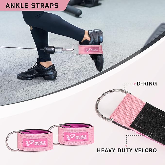 RitFit 7 Pcs Barbell Squat Pad Set, with Resistance Band, 2 Safety Straps, 2 Gym Ankle Straps & Carry Bag, Upgraded Neck & Shoulder Protective Pad Support for Squats, Lunges & Hip Thrust (Pink/Black)