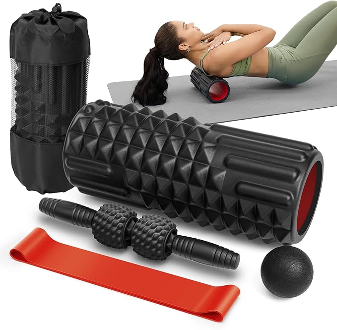 5 in 1 Foam Roller Set - Foam Roller for Legs, Muscle Roller Stick, Massage Ball, Resistance Band for Physical Therapy & Deep Tissue Muscle Massage (Black)