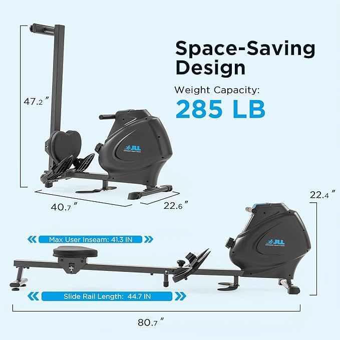 JLL Magnetic Rowing Machine – Foldable Rower for Apartments & Home Gyms, 16 Resistance Levels, Bluetooth with SunnyFit App, Easy-Glide Wheels, Tilt-to-Store Upright Design