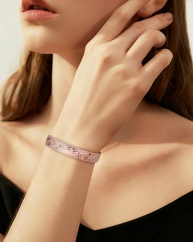 BioMag 2 Pcs Magnetic Copper Bracelet for Women Men, 99.99% Pure Copper Cuff Bangle with with 12 Pcs 3500 Gauss Magnets, Adjustable Size, Floral Vine Design