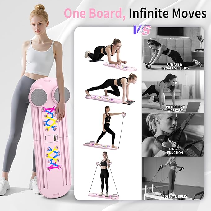Pilates Board, Foldable Pilates Reformer Set for Home Workout with Timer, 6-in-1 Multifunctional Portable Reformer Pilates Machine at Home Pilates Equipment for Fitness, Exercise, Abs, Core Training