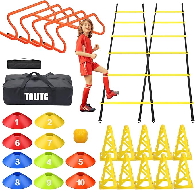 Agility Ladder & Speed Hurdles Soccer Training Equipment Kit Football Training| Footwork Drills | Cones Goalkeeper Practice Equipment for Kids Youth Adult
