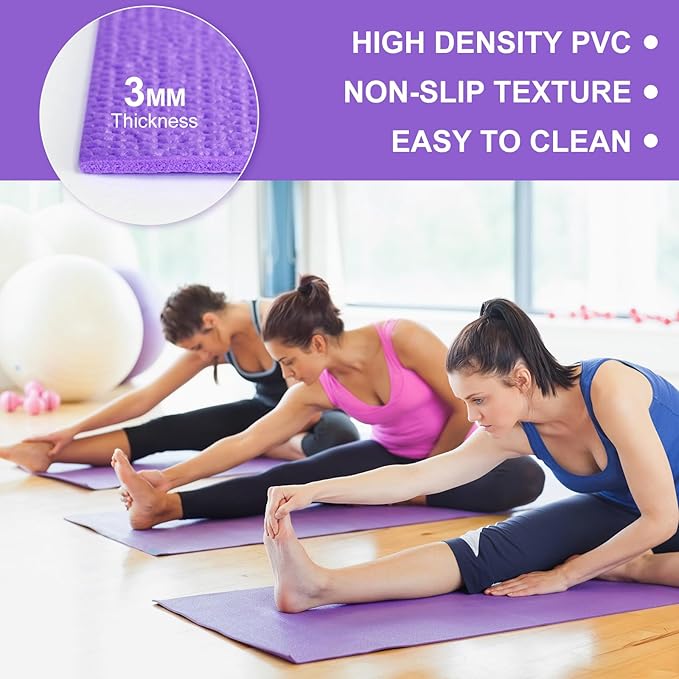 24 Pack 3 mm Thick Yoga Mat Bulk, Non Slip Exercise Workout Fitness Pad for Women Men, Gym Home Yoga Pilates, Easy to Clean, Sturdy PVC