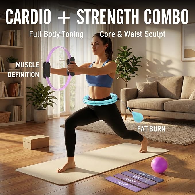Weighted Hula Infinity Hoop & Pilates Ring Kit Bundle- Infinity Fitness Hoop for Weight Loss Plus Magic Circle, Resistance Bands, and Ball Set- Home Workout Equipment for Abdomen & Full Body Toning