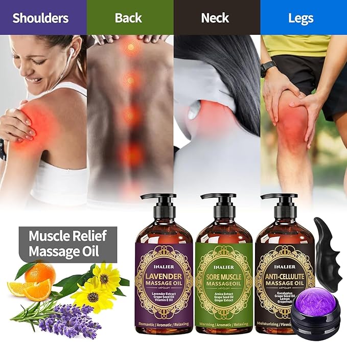 Massage Oil for Massage Therapy,Easter Basket Stuffers,3 Pack Cellulite Massage Oil,Sore Muscle Arnica Oil & Lavender Massage Body Oil with Massage Ball & Thumb Saver Tool,Easter Gifts for Men Women