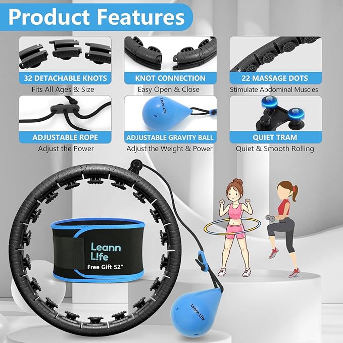 U2 Black-32 Knots 19”- 65”, Detachable & Size Adjustable Weighted Hula Hoop for Kids Adults Weight Loss, Infinity Hoop Plus Size, Abdominal Toner,5 Color Balls, Free Waist Trimmer&Wash Bag