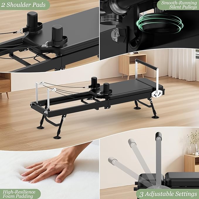 Pilates Reformer, Foldable Reformer Pilates Machine with Adjustable Reformer Heights, Up to 440 LBS Weight Capacity Suitable for Home Use and Studio, Advanced and Beginners Users