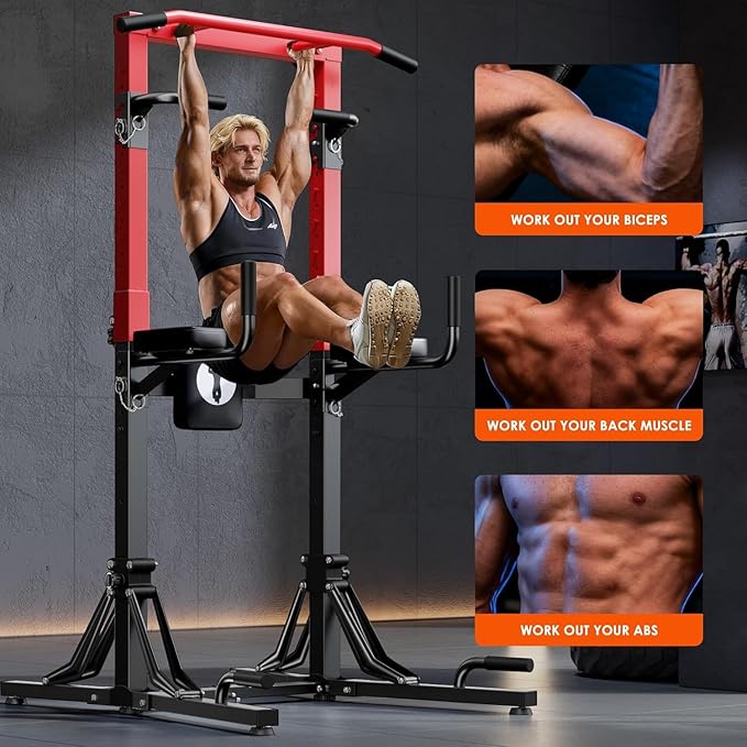 soges Foldable Power Tower, Pull Up Bar Station for Home Gym, Power Tower with Adjustable Height & Padded Armrests, Dip Station for Full Body Workout, Strength Training Equipment, 330 LBS