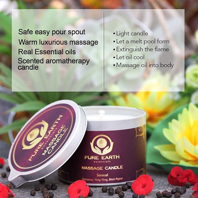 Sensual Massage Candle - Melts to Silky Oil - Skin Moisturizing Candle Massage Oils for Date Night (160 Grams or 6 oz.) - with Palmarosa, Ylang Ylang, Black Pepper by PURE EARTH essentials