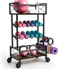 4 Tier Home Gym Storage Rack with Wheels, Yoga Mat Rack Small Dumbbell Weight Rack, Multi-Functional Wood Metal Gym Equipment Storage Rack Workout Cart for Women Kettlebell Fitness Organizer