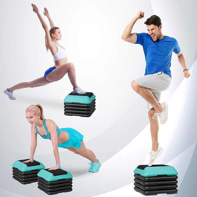 16" x 16" Adjustable Exercise Aerobic Step Platform Fitness Stepper with 4 Removable Risers 4'' - 6'' - 8''-10''-12'' Height for Home Gym Cardio Strength and Training