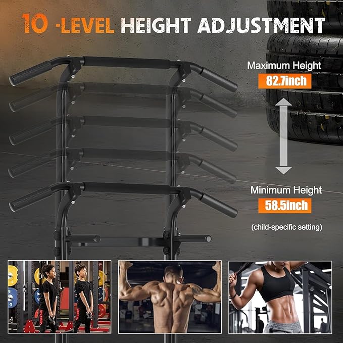 Adjustable Power Tower Pull Up Bar Dip Station, Free Standing Pull Up Rack Dip Station for Home Gym, 400LBS Capacity Height Heavy Duty Multi-Function Home Strength Training Fitness Workout Equipment
