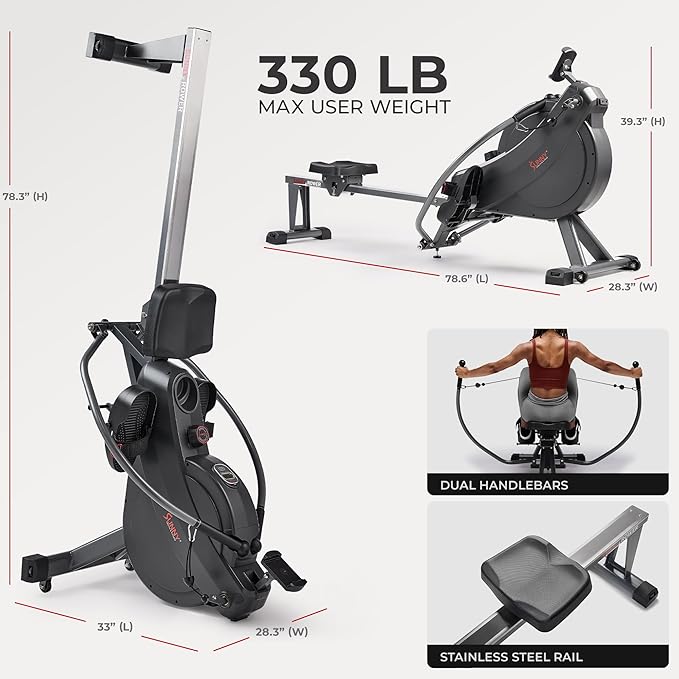 Sunny Health & Fitness Full-Motion Rowing Machine w/Adjustable Resistance, Low-Impact Full-Body Workout Rower w/Long Slide Rail, Space-Saving Design, Free SunnyFit App Connection
