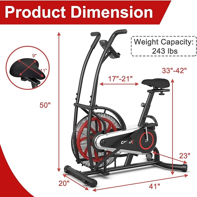 GYMAX Fan Bike, Air Resistance Upright Bike with LCD Monitor, Phone Holder & Built-in Wheels, Fully Adjustable Stationary Exercise Bike for Home Gym Cardio Training Workout Fitness