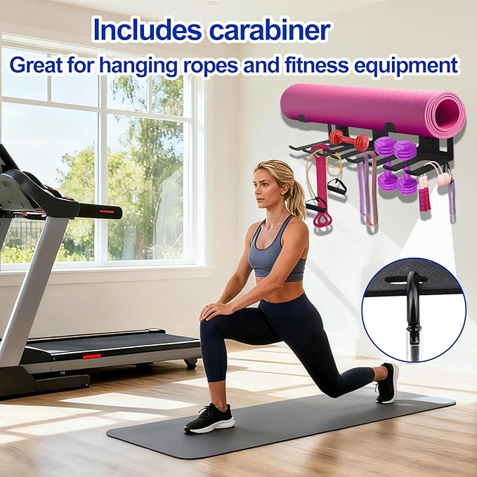 Multi-Purpose Gym Equipment Storage Rack, Stainless Steel Rack Holder Organizer Wall Mount with Screws Home Gym Organization Accessories for Foam Rollers Straps Jump Ropes Yoga Mat (Black)