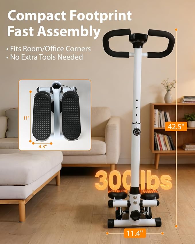 Mini Stair Stepper for Exercise at Home with Adjustable Handlebar & Resistance Bands,Quiet Compact Stair Stepper Machine,LCD Monitor,Portable Indoor Leg/Glute Cardio Fitness, White