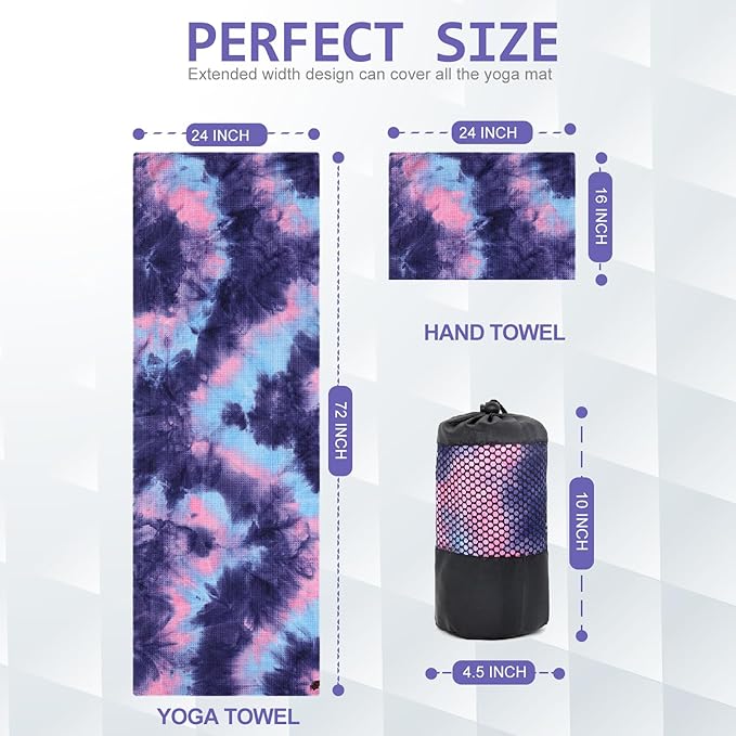 Eunzel 2 Pack Yoga Hand Towel，Microfiber Towel with Grip Dots Sweat Absorbent Non-Slip for Hot Yoga, Pilates and Workout 24" x16"，Purple & Blue/Green & Purple (2 Pack)
