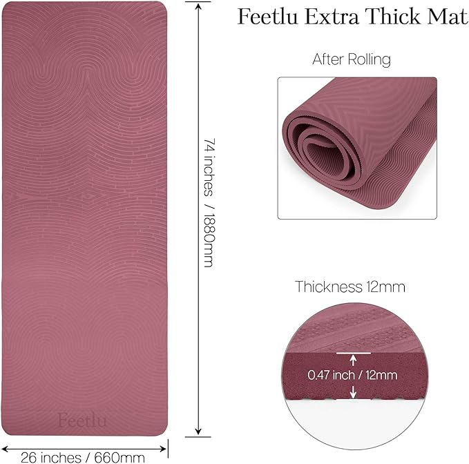Extra Thick 12mm Exercise Mat – Non-Slip, Joint-Friendly & Cushioned Fitness Mat for Yoga, Pilates & Floor Workouts – Durable, Supportive & Includes Feetlu Classic Strap