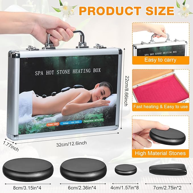 Hot Stones Massage Set 18 Pieces Basalt Hot Rocks Massage Rocks Kit Black Smooth Stones for Professional Home Spa Warming Relaxing Pain Relief, Constant 50°c (122°f)(Adjustable Temperature)