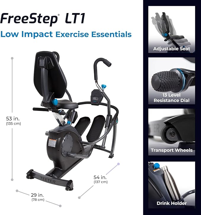 Teeter FreeStep Recumbent Cross Trainer Stepper, Zero-Impact Exercise Bike Alternative w/Patented Physical Therapy Stride, Up to 350lb, Free App w/Trainer Workouts