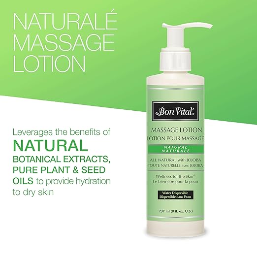Bon Vital', Naturale Massage Lotion, 8 oz, All Natural Massage Lotion for Massage Therapy and Bodywork, Lightweight Unscented Lotion, Plant-Based Ingredients for Smooth Application