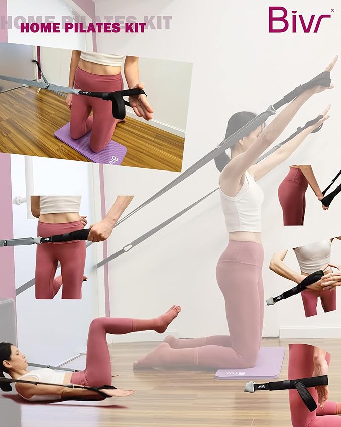 Portable Pilates Home Kit - Home Workout Equipment with Designed Pilates Loop Straps, Fabric Long Resistance Exercise Bands, Door Anchors and Aluminum Carabiners for Working Out as in Reformer