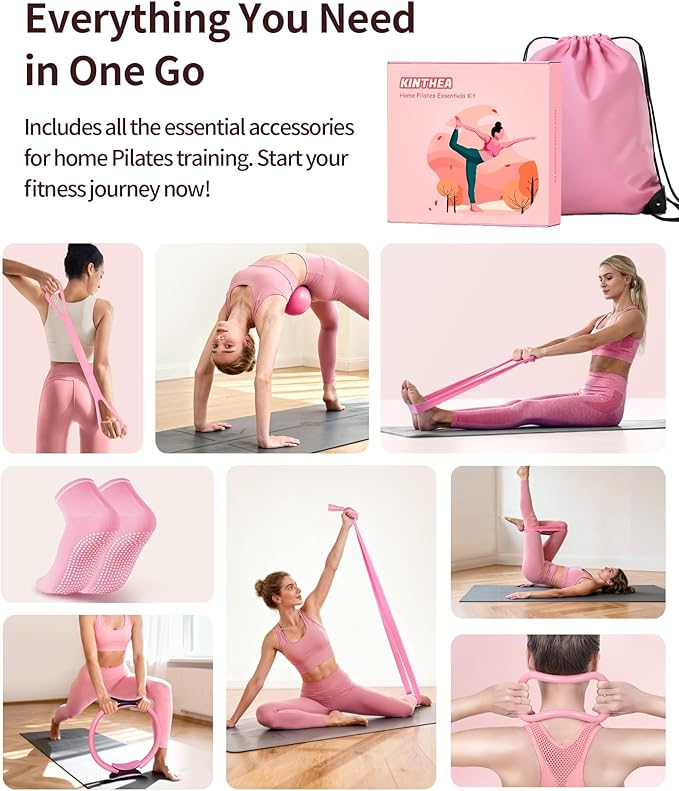 Home Pilates Kit for Women, Essentials Pilates Equipment Set with 14‘’ Pilates Ring and Mini Ball, 5 Resistance Bands & Accessories, Tutorial Charts, Pilates Ring Set for Beginners Workout at Home