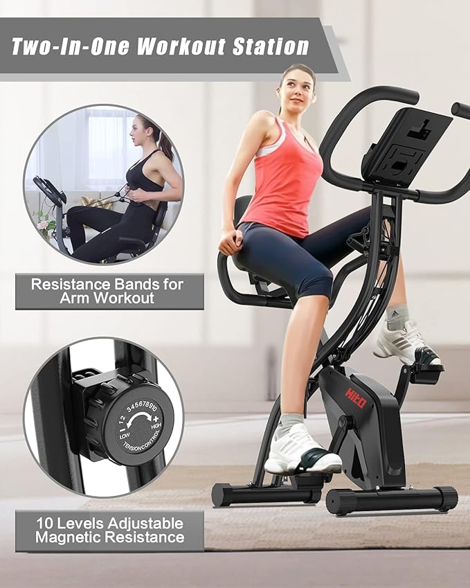 Folding Exercise Bike with Arm Resistance Bands, Magnetic Upright Indoor Cycling Bike Stationary for Home Gym & Cardio Workout
