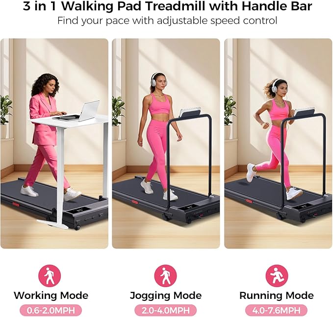 Walking Pad with Handle Bar, 2026 Upgrade Small Walking Pad Treadmill with Incline, 3.0HP Portable Under Desk Treadmill with Handles for Home Small, 0.6-7.6MPH, 350LBS