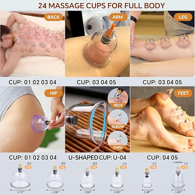 Cupping Kit for Massage Therapy Set with Pump 24 Massage Cups for Cellulite Reduction Muscle Back Pain Relief