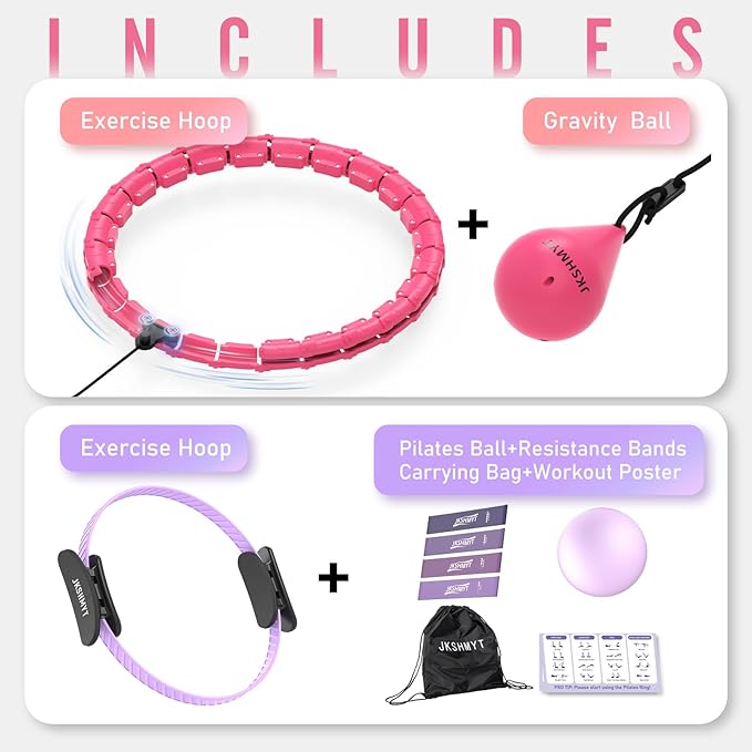 Weighted Hula Infinity Hoop & Pilates Ring Kit Bundle- Infinity Fitness Hoop for Weight Loss Plus Magic Circle, Resistance Bands, and Ball Set- Home Workout Equipment for Abdomen & Full Body Toning