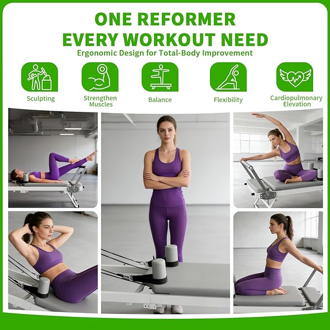 Pilates Reformer, Pilates Equipment with 3 Height Adjustable Levels, Foldable Pilates Machine with Jump Board/Springs/Cords, Studio Grade Workout Equipment, Pilates Board for Gym Workout and Home Use