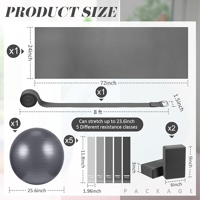 Liliful 10 Pcs Yoga Starter Kit Include 6mm Yoga Mat with Carry Strap, 2 Blocks, 65cm Pilates Ball, Stretch Strap, 5 Resistance Bands with Air Pump Home Workout Set for Beginners Women Men Gym