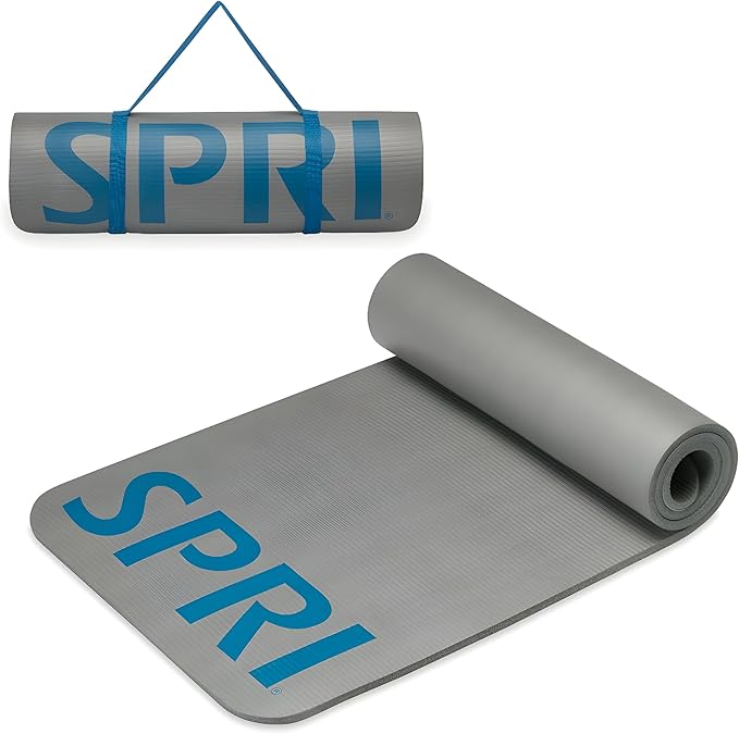 SPRI 12mm Pro Fitness Matt - Thick Exercise Mat for Floor Workouts, Sit-Ups, Push-Ups, Stretching, Toning, and General Fitness - Non-Slip Texture, Cushioned, Portable Rolling Mat with Carrying Strap