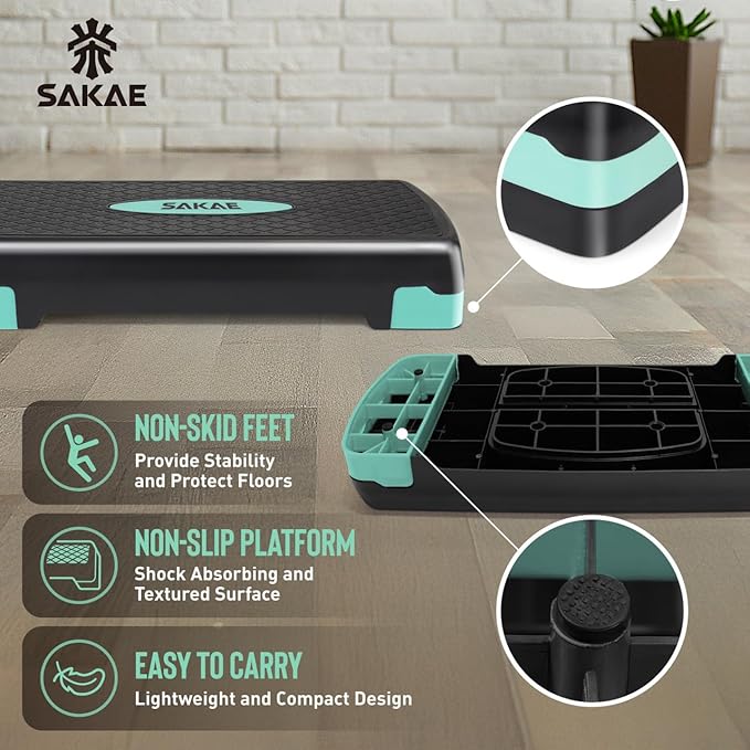 SAKAE Step Aerobics Platform Set with Dumbbells & Measuring Tape, Aerobic Steppers for Exercise at Home, Adjustable Height 2 Level Risers Workout Step Trainer with Non-Slip Surface, Multiple Colors