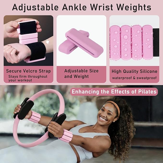 Pilates Ring Kit with Adjustable Ankle Wrist Weights, Resistance Bands, Ball, Pilates Equipment Ball for Home Workout to Tone, Sculpt and Strengthen, Fitness Magic Circle Rings for Yoga Women