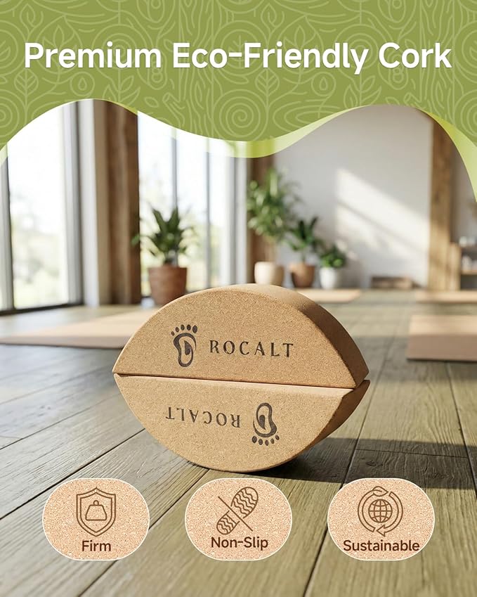 Rocalt Cork Yoga Blocks, Half Moon Yoga Block & Calf Stretching, Cork Foot Stretcher for Plantar Fasciitis Relief, Ankle Stretcher Pilates Block, Improve Balance, Stability & Foot Mobility