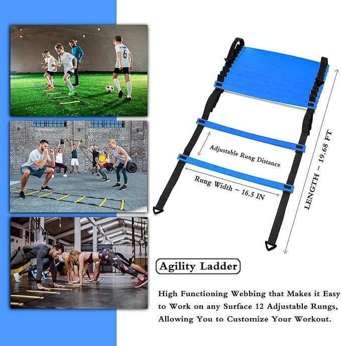Agility Ladder Speed Training Equipment Set-20ft Agility Ladder 4 Adjustable Hurdles Running Parachute Jump Rope Speed Training Equipment for Soccer Football Basketball