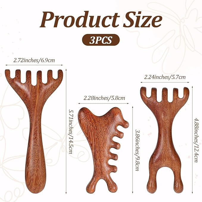 3 Pack Wooden Massager Comb Gua Sha Scraping Massages 6 Claws Meridian Massager Double Head Massage Rake Foot Massagers Tools with Long Handle for Head Neck Back Legs Feet