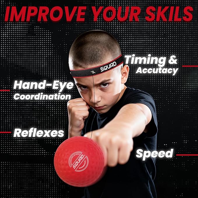 SQUAD Boxing Reflex Ball Set - 4-Level Reaction Balls + Adjustable Headband - Train Speed, Timing & Hand-Eye Coordination - Safe Fun for Kids & Adults - Boxing/MMA/Krav MAGA Home Workout Gift