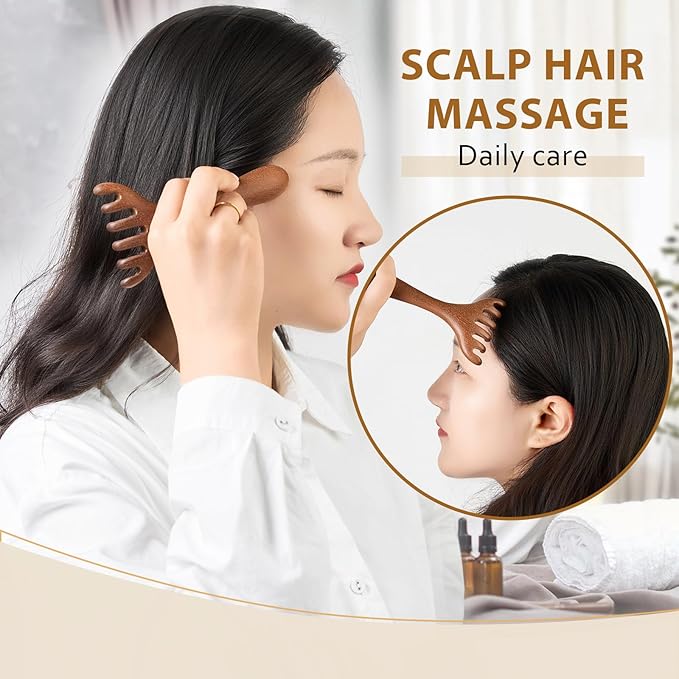 MoyRetty Wooden Head Massager, Sandalwood Scalp Scratcher with Storage Bag, Traditional Handcrafted Massage Tool (2 Pack)
