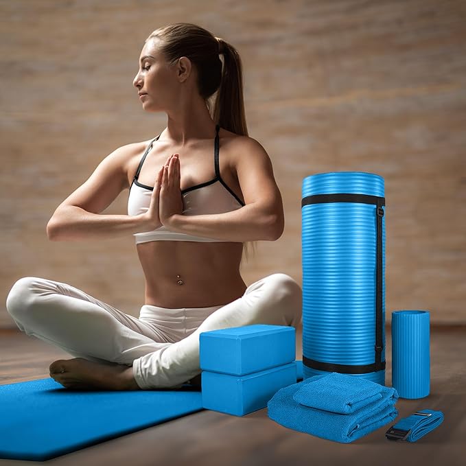 BalanceFrom 7-Piece Yoga Set with 71x24x1 Inches Extra Thick Mat and Carrying Sling – Includes 2 Blocks, Stretch Strap, 2 Towels, and Knee Pad for Home, Studio, and Gym Workouts